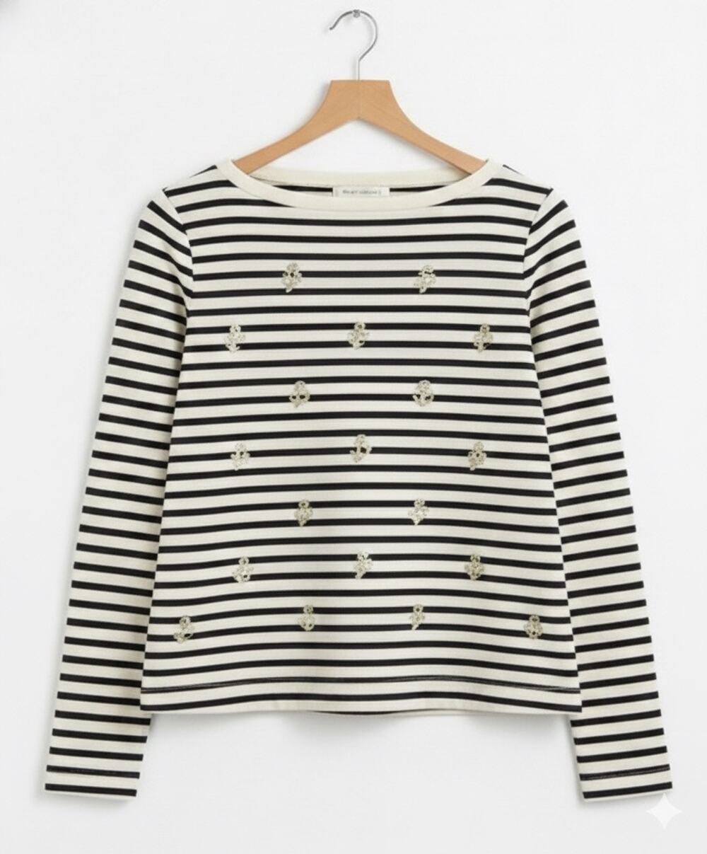 Betsey Johnson Striped Long Sleeve Top Cream Black Gold Lightning Bolt Sz S